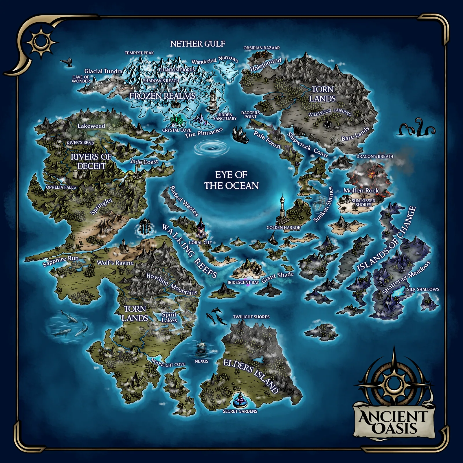 The painted map of the world of Ancient Oasis